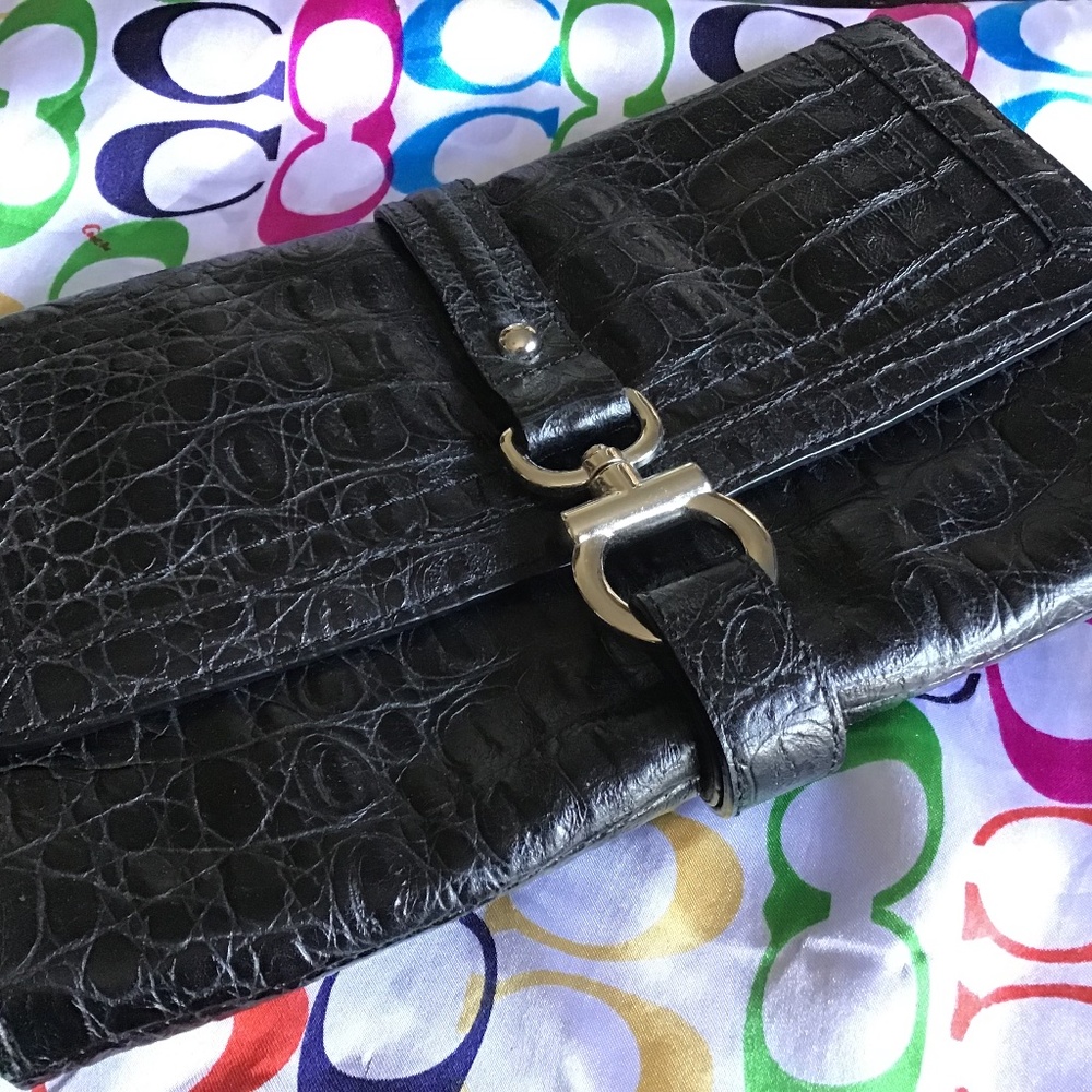 Black croc embossed leather Talbots large clutch…excellent